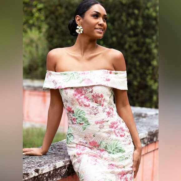 Xscape Dresses & Skirts - XSCAPE Sequin Embroidered Off the Shoulder Midi Knee Length Floral Dress,10, NWT